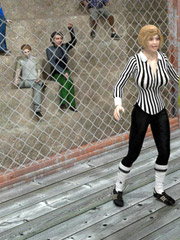 Blonde box referee serving two huge green boxers after the box match
