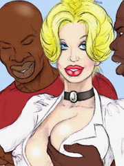 Two horny cartoon black students undressing and touching their white busty teacher.